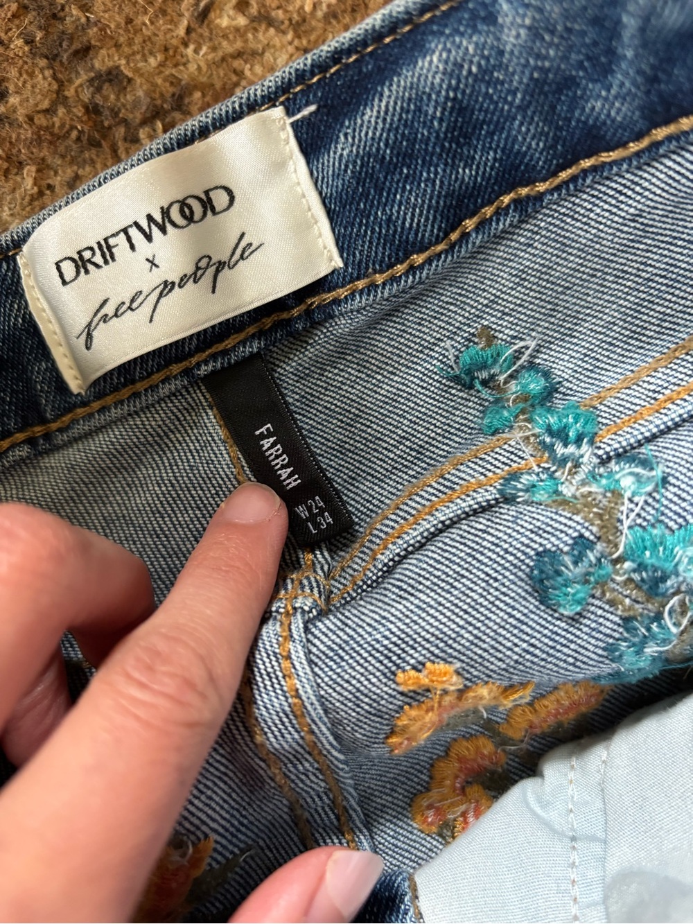 Driftwood X Free People Farrah 24x34 Embroidered Floral Flare Denim Pants - Picture 3 of 11